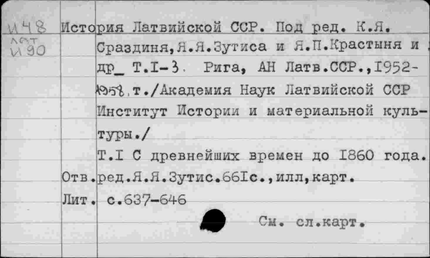 ﻿\ЛН&	иста	1 рия Латвийской ССР. Под ред. К.Я.
И 90		Сраздиня,Я.Я.Зутиса и Я.П.Крастыня и
		др_ Т.1-5. Рига, АН Латв.ССР.,1952-
		т ./Академия Наук Латвийской ССР
		Институт Истории и материальной куль-
		туры./
		Т.1 С древнейших времен до 1860 года.
	Отв.	ред.Я.Я.Зутис.ббТс.,илл,карт•
	Лит •	с.637—646
		См. с л. карт.
		
		